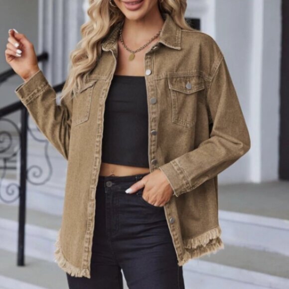 zeagoo Jackets & Blazers - Women's Light Brown Fringe Hem Denim Jean Jacket Size XXL, runs like L/XL